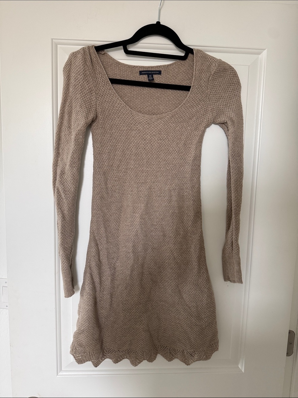 American Eagle Outfitters Taupe Scoop-Neck Long Sleeve Knit Dress
